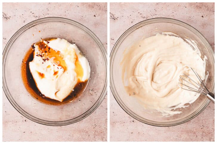 Two photos showing a creamy sauce being whisked together in a glass bowl.
