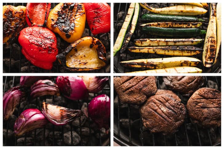 4 photos showing grilling vegetables on grill, including peppers, zucchini, onions and mushrooms.