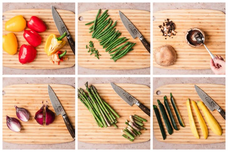 6 photos showing the best vegetables to grill and how to cut them.