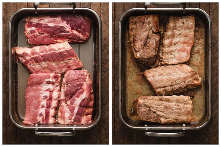 Two photos showing root beer ribs before and after a pork rib marinade and baking.