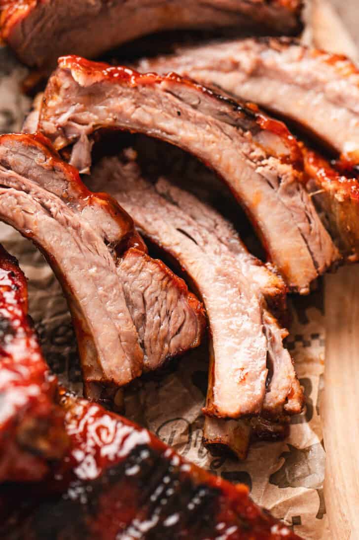 Sliced baby back ribs.