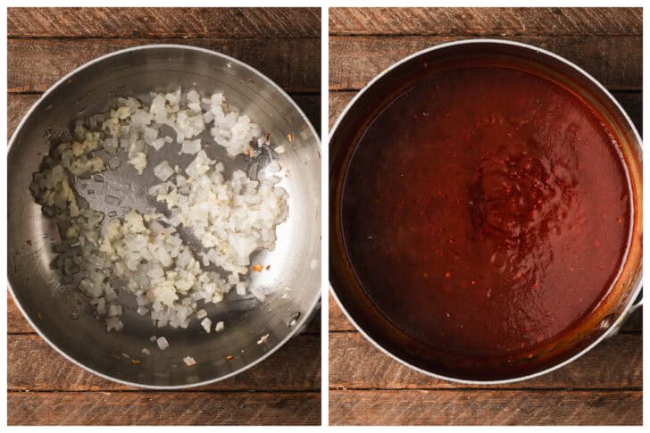Two photos showing the process of making a sauce for root beer bbq ribs.
