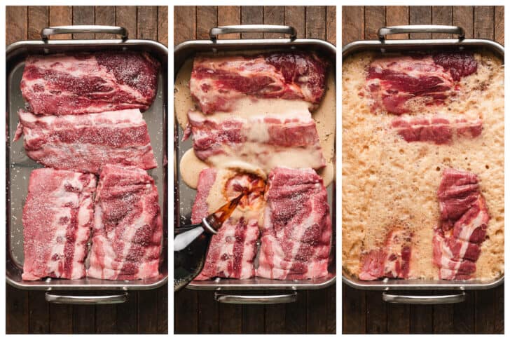 Three photos showing the process of doing a pork rib marinade.