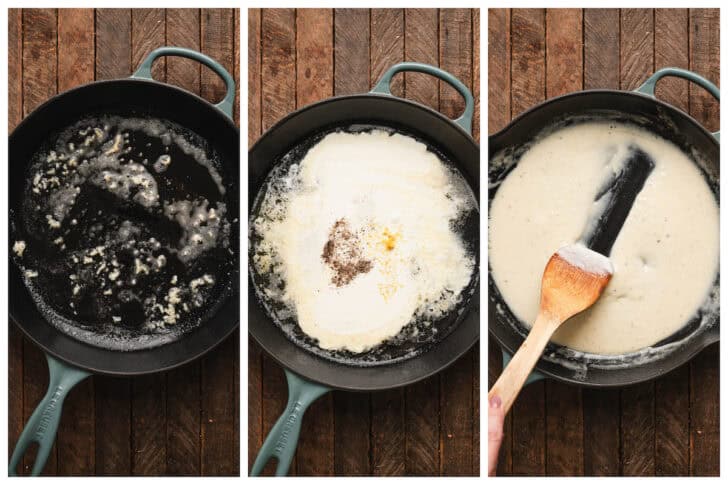 Three images showing the process of making sauce for salmon cream spaghetti.
