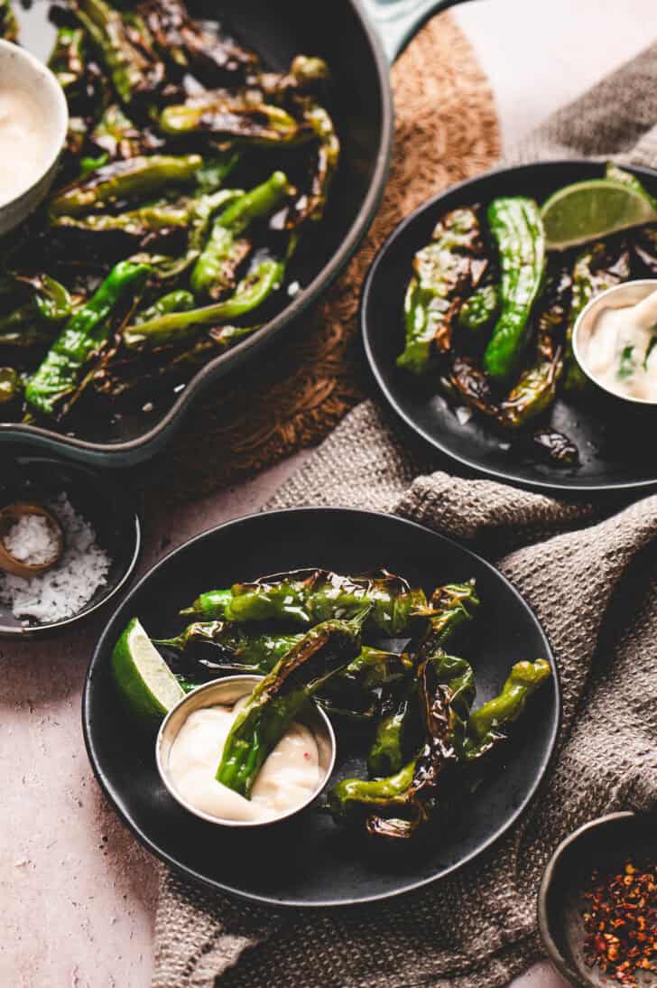 Blistered shishito peppers served with a creamy shishito pepper dipping sauce.
