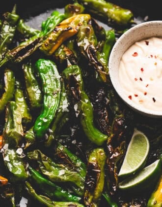A shishito pepper recipe with creamy dipping sauce.