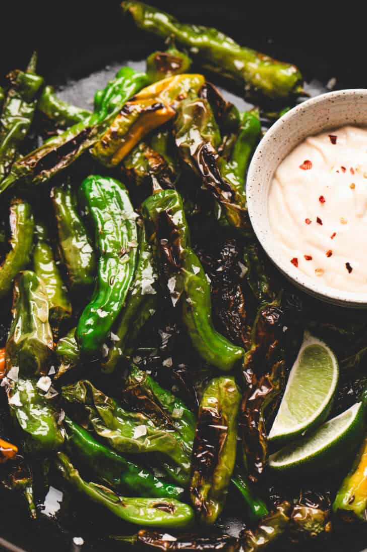 A shishito pepper recipe with creamy dipping sauce.