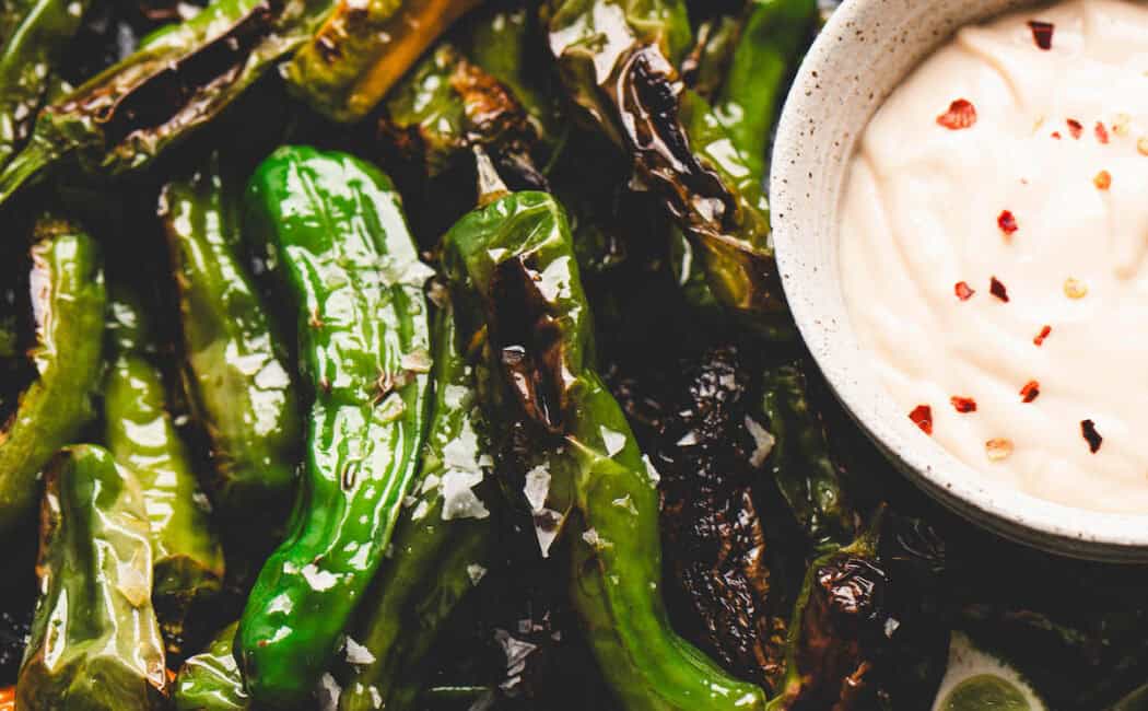 A shishito pepper recipe with creamy dipping sauce.