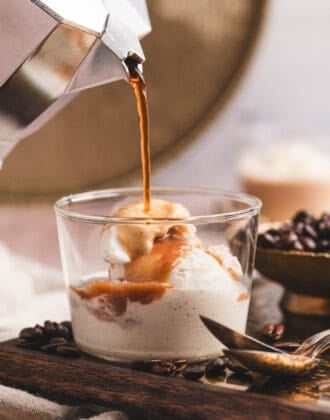 Coffee being poured over a dish of ice cream to make an affogato recipe.