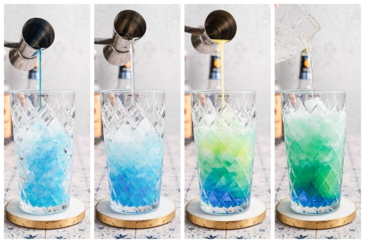 A series of four images showing liquid ingredients being added to a cocktail shaker for a blue alcohol drink.