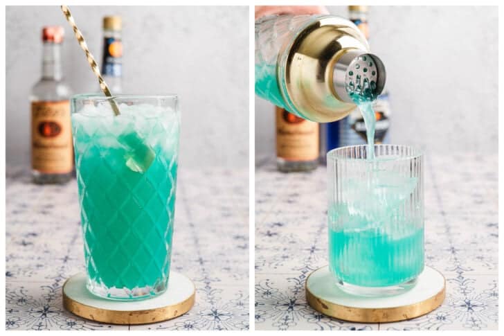 Two images showing a blue liquor drink being stirred and poured over ice.