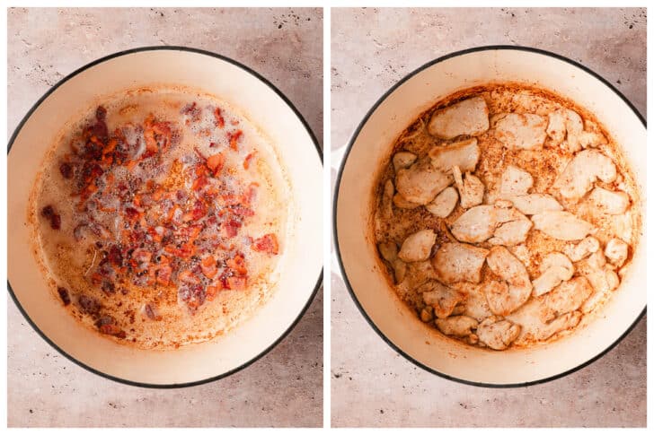 Two photos showing bacon and chicken being cooked in a white Dutch oven.