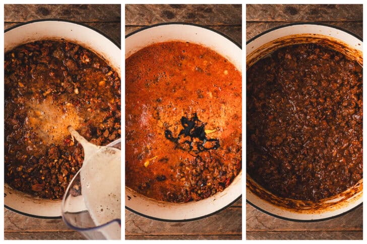 Three photos showing the process of stirring beer into hot dog chili and cooking it down.