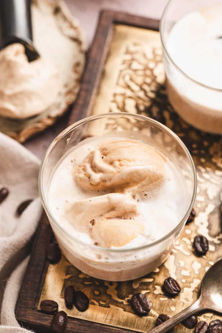 A serving of a coffee and ice cream drink.