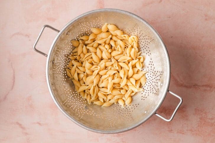 Small shell pasta in a colander.