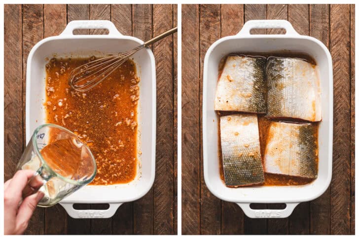 Two photos showing how to make grilled salmon fillets with marinade.