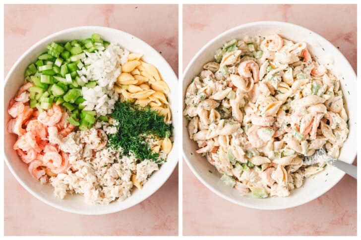 Two images showing shrimp and crab pasta salad being stirred together in a white bowl.