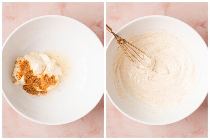Two images showing a creamy dressing being whisked together in a white bowl.