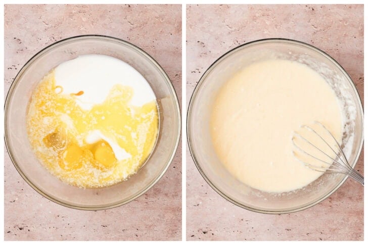 Two photos showing wet baking ingredients being stirred together in a glass bowl.