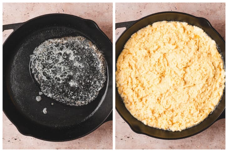 Two images showing butter and honey cornbread batter being added to a cast iron skillet.