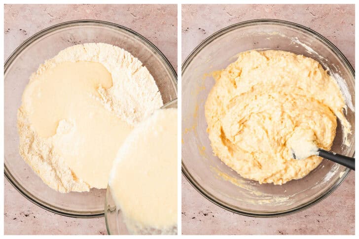 Two photos showing wet and dry baking ingredients being stirred together in a glass bowl.