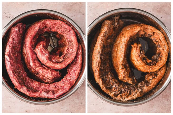 Two photos showing ribs in instant pot before and after cooking.