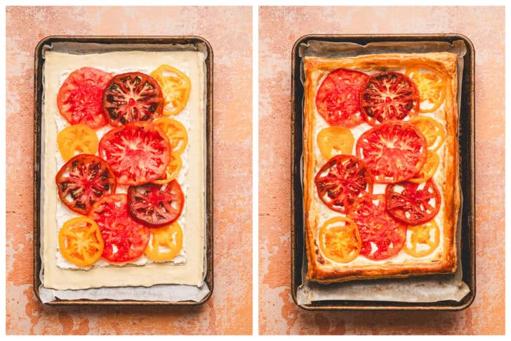 Two photos of a puff pastry tomato tart, before and after baking.