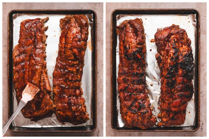 Two photos showing racks of cooked pork before and after saucing and grilling.