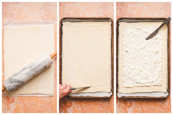 Three photos showing the process of rolling out, scouring, and spreading puff pastry dough with a cheese filling.