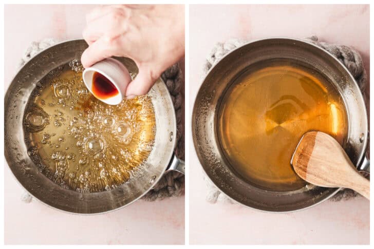 Two photos showing vanilla being added to a caramelized sugar sauce in a pan.