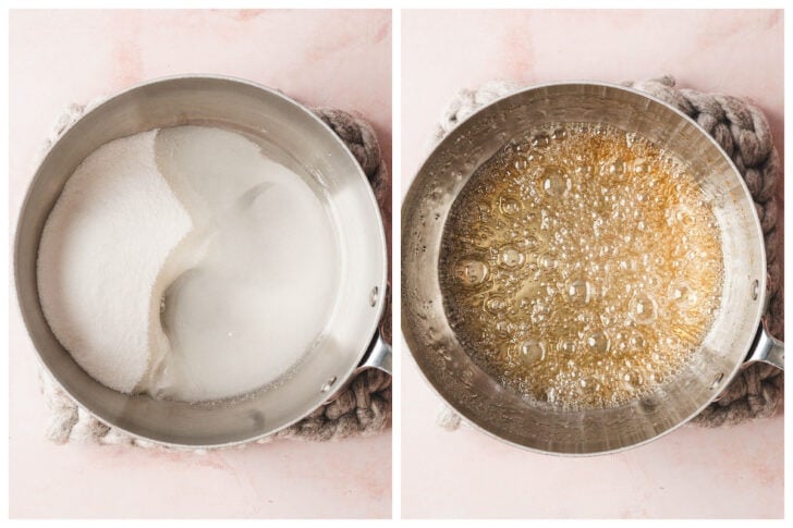 Two photos showing sugar and water being cooked in a saucepan.