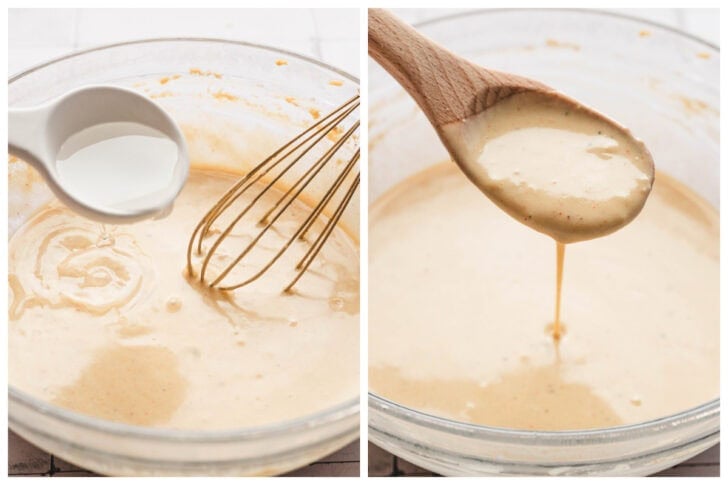 Two photos showing water being whisked into a light brown sauce mixture.