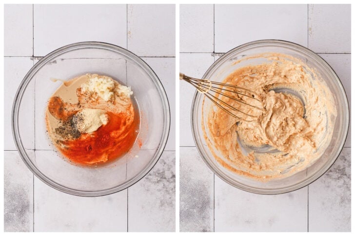 Two photos showing sesame seed paste and spices being whisked together in a glass bowl.