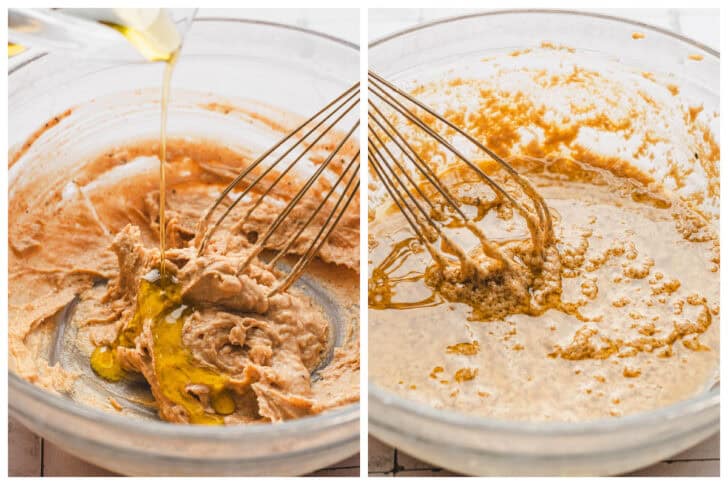 Two photos showing tahini and oil being whisked together in a glass bowl.
