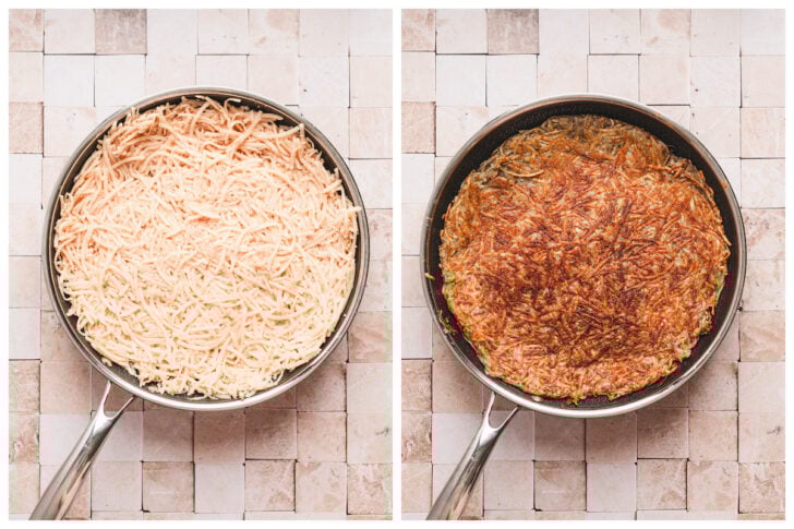 Two photos showing a potato rosti before and after browning in a pan.