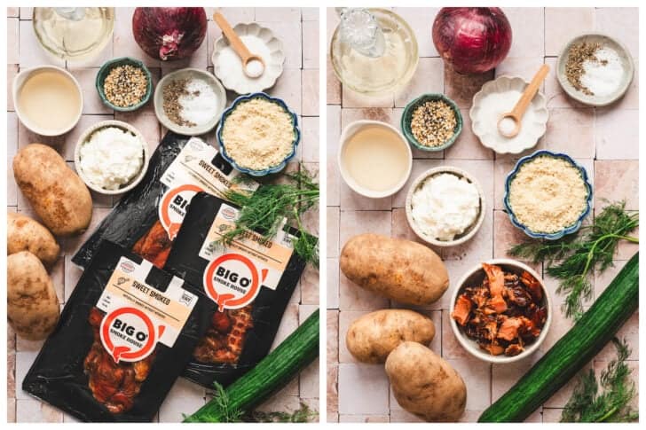 Two photos showing ingredients on a light surface, including root vegetables, cucumbers, onion, smoked salmon, herbs, breadcrumbs, oil and spices.