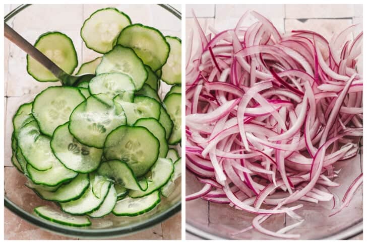 Two photos showing sliced cucumber and red onion.