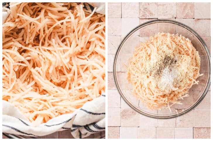 Two photos showing grated potatoes being wrung out on a towel, and in a bowl with breadcrumbs and spices.