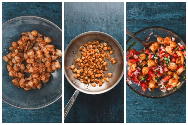 Three photos showing the process of seasoning and cooking shrimp, and tossing it with pico de gallo.