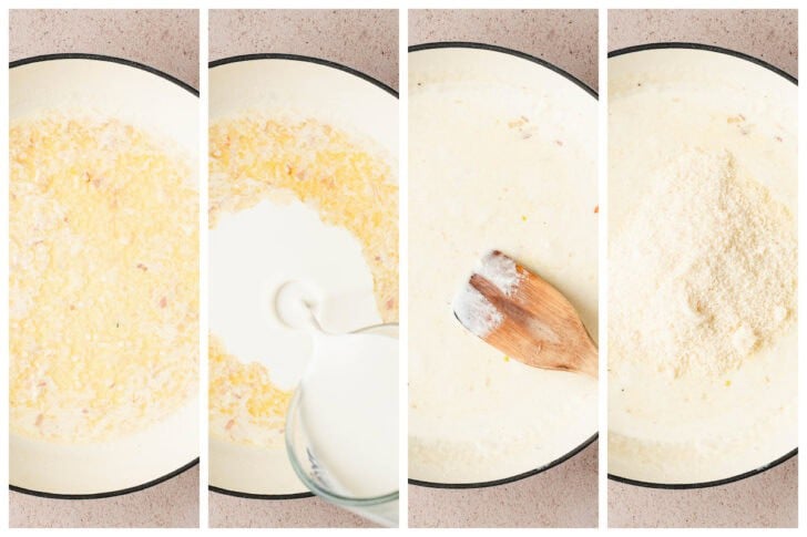 Four images showing a creamy sauce being made in a Dutch oven.