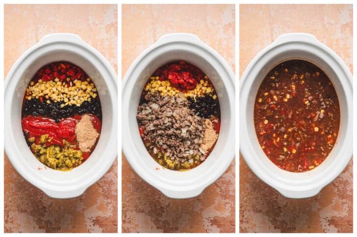 Three images showing the process of adding ingredients for a taco soup crock pot to the insert.