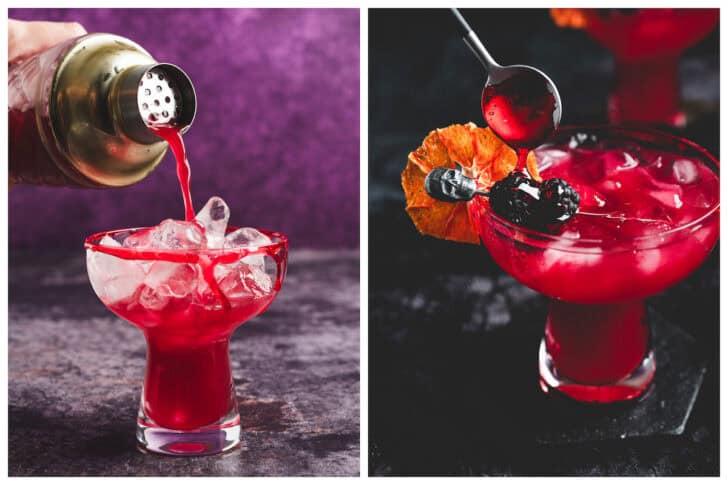 Two images showing a cocktail shaker pouring a red cocktail into a glass, and a spoon pouring red syrup over blackberries to garnish the drink.
