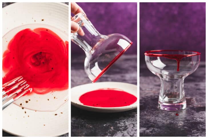 A series of three images showing how to rim a glass with a bloody corn syrup drip.