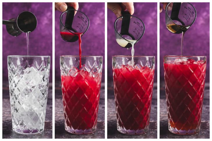 A series of four images showing adding the ingredients for a Halloween margarita recipe to a cocktail shaker.