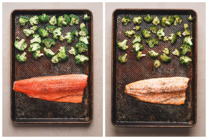 Two images showing fish and broccoli before and after cooking on a sheet pan.
