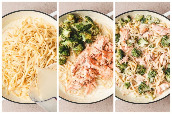 Three photos showing the process of tossing together salmon fettuccine alfredo.