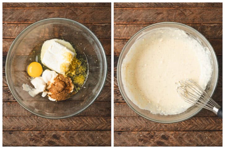 Two images showing cream cheese, an egg and spices being whisked together in a glass bowl.
