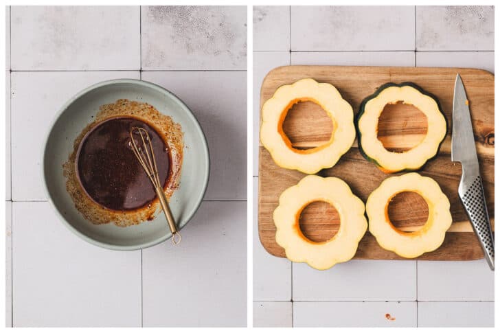 Two photos showing an oil and spice mixture in a bowl, and a sliced gourd on a cutting board.