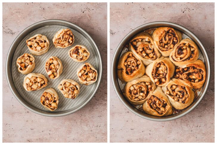 Two photos showing crescent cinnamon rolls before and after baking.