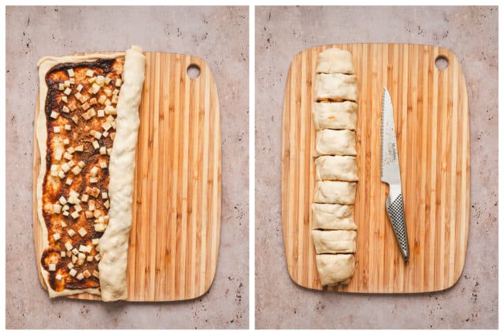 Two photos showing the process of rolling and cutting a pastry tube.